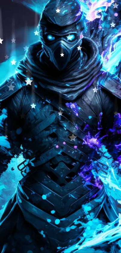 Neon blue cyber ninja with futuristic design.