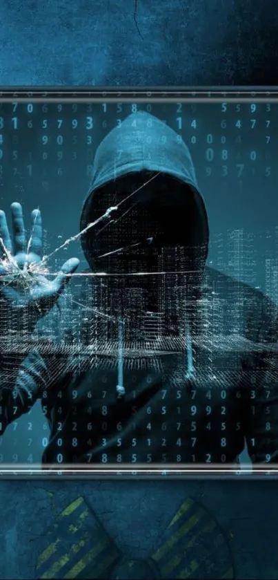 Mystic hoodie figure on tech background with binary code and shattered glass effect.