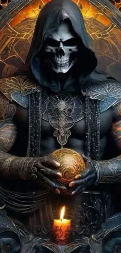 Dark fantasy art with a hooded skull figure and mystical glowing orb.