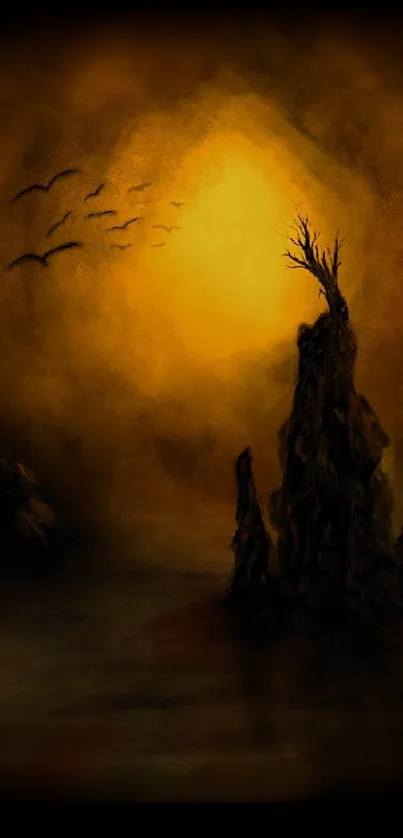 Dark fantasy scene with sun, rocks, and birds in silhouette.