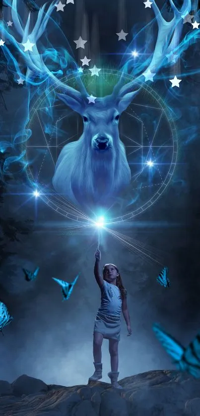 A mystical scene with a majestic deer and glowing blue butterflies.