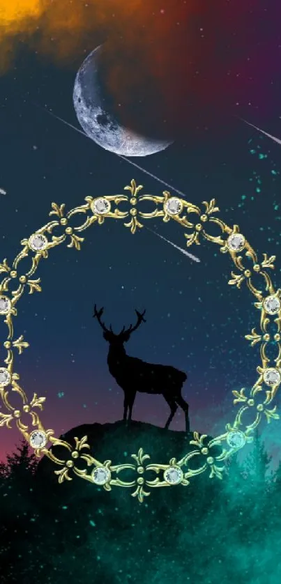 Mystic deer under a galaxy sky with moon and stars.