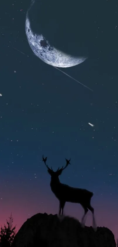 Silhouette of a deer against a starry night sky with a glowing moon.