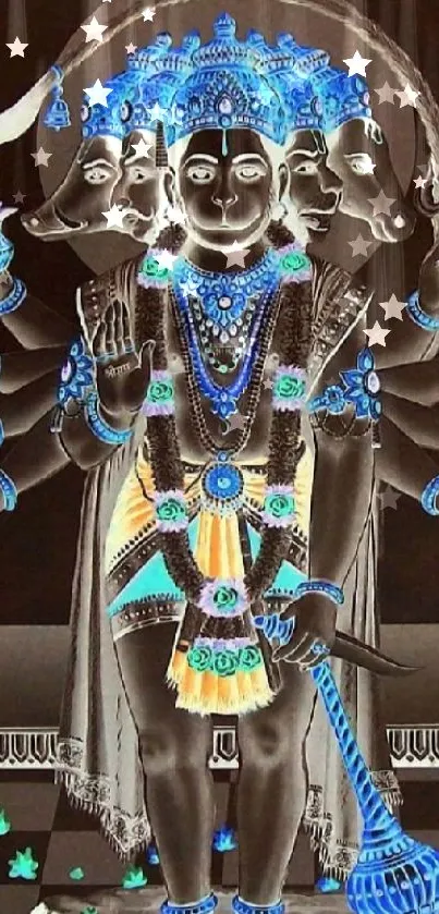 Multi-armed deity digital art with blue accents and intricate details.