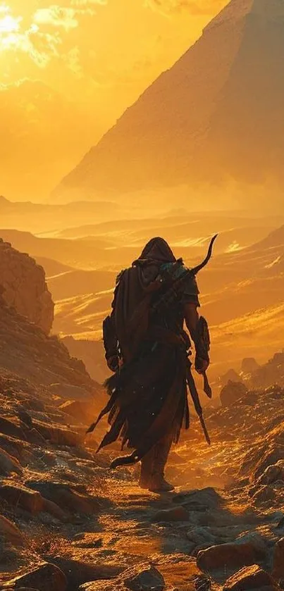 A hooded warrior walks through a golden desert with a pyramid in the background.