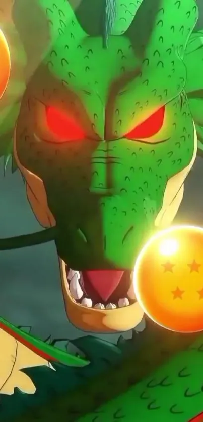 Mystic green dragon with glowing eyes and dragon balls on wallpaper.