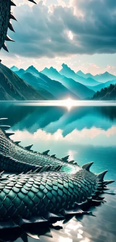 A dragon reposes by a tranquil mountain lake at dusk.