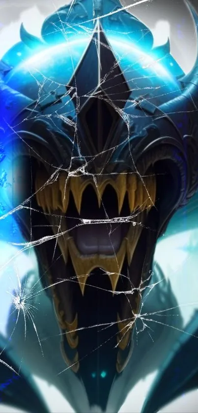 Mystic dragon skull on cracked screen art.