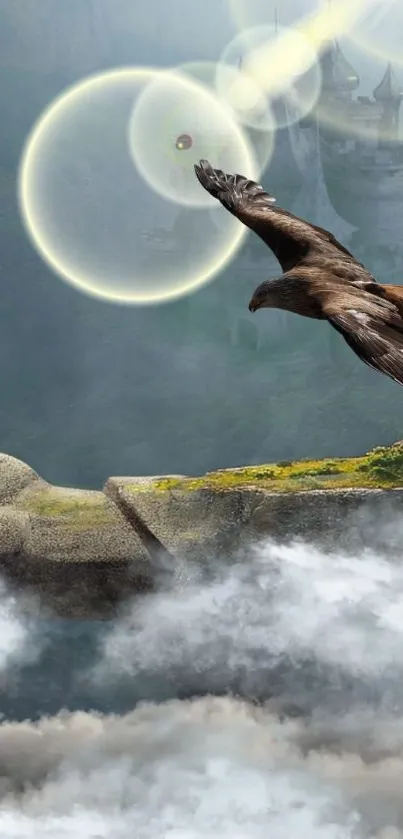 Eagle soaring above clouds near a mystical castle.