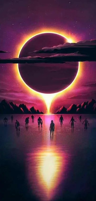 Silhouetted figures under a cosmic eclipse in a mystical digital art scene.