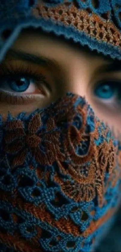 Woman with intricate embroidered veil and captivating blue eyes.