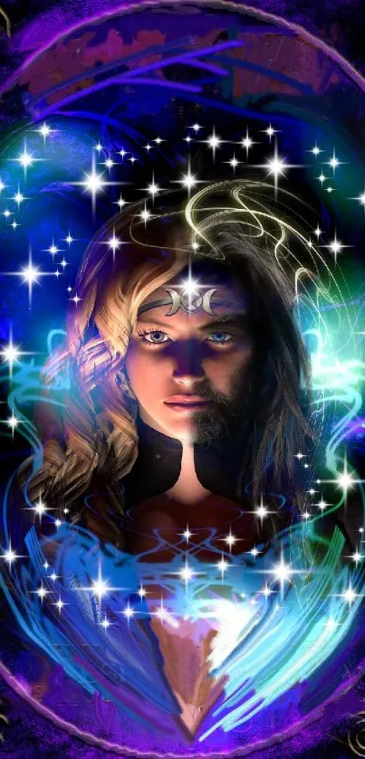Mystical fantasy art wallpaper with vibrant blue and purple, featuring a celestial figure.