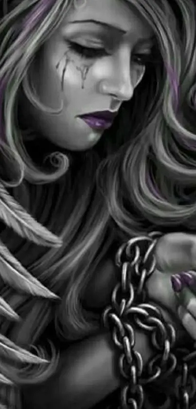 Mystic woman with chains and purple accents in fantasy art wallpaper.