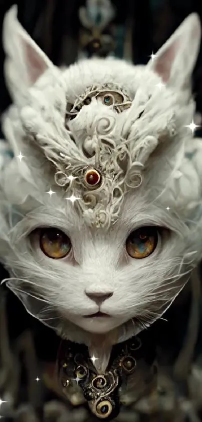 Mystical white cat with ornate, fantasy design on a dark background.