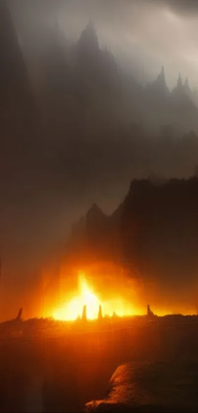 Mystic landscape with fiery glow and shadowy mountains.