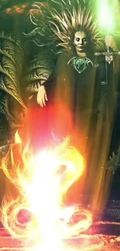 Fantasy art with glowing flames and mysterious figure.