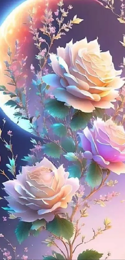 Mystical pastel floral artwork with moonlit background.