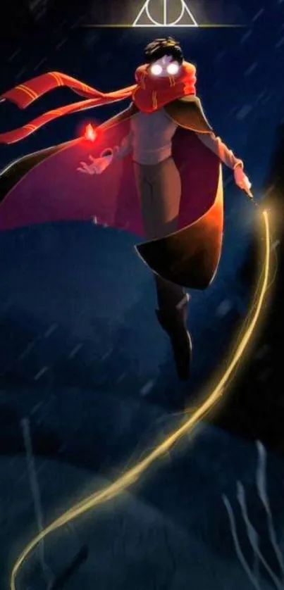 Mystic figure flying in dark, glowing symbols in mobile wallpaper.