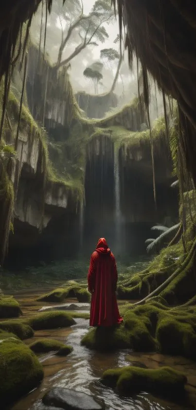 Mystical forest cave with a figure in red cloak and cascading waterfall.