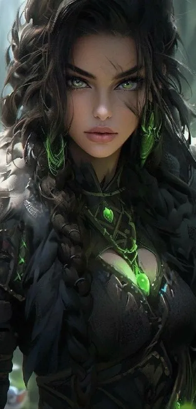 Mystic character in a forest with vibrant green tones and intricate fantasy design.