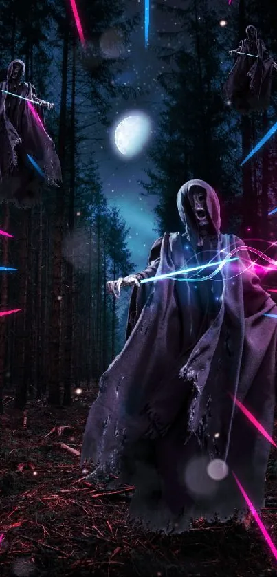 Ghosts in a forest with neon lights create an eerie mobile wallpaper scene.