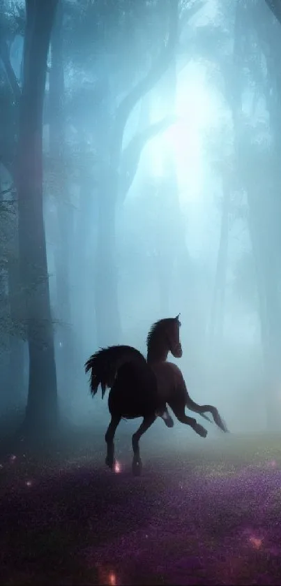 Mystical forest with a horse running under a blue glow.