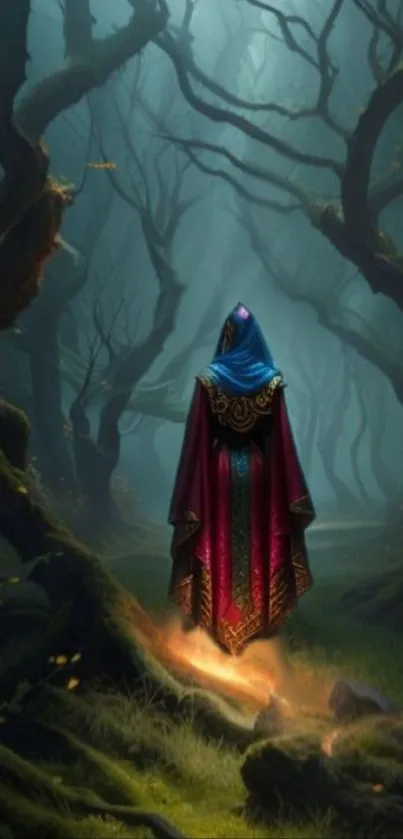 Hooded figure walks in a mystical forest with enchanted light.