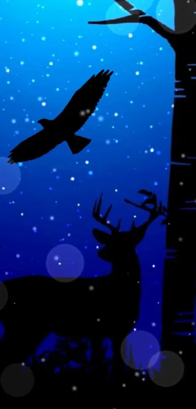 Silhouette of a deer and bird in a starlit forest night scene.