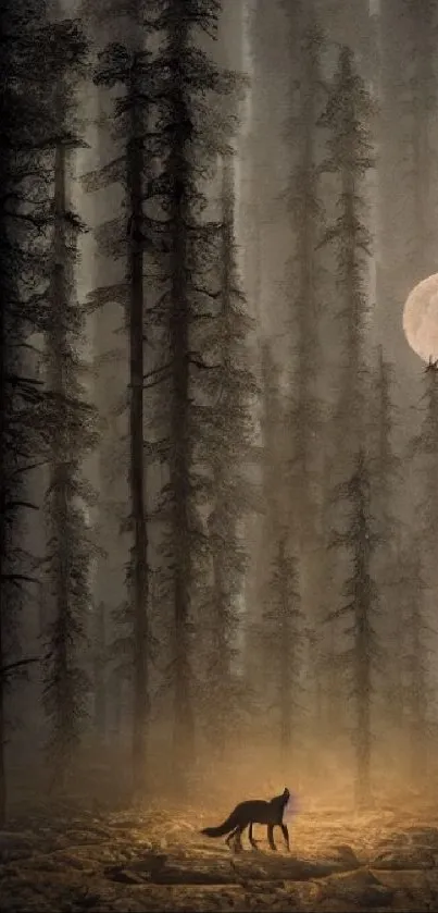 Mystical forest with wolf under moonlight, showcasing a serene nightscape.