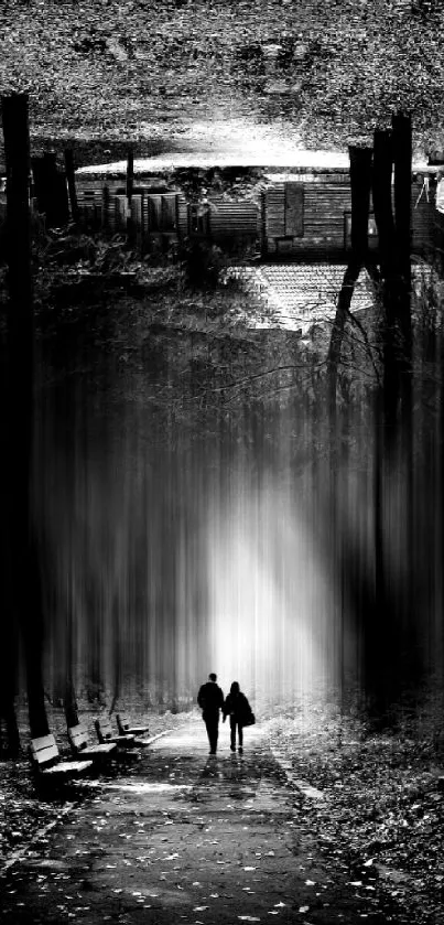 Black and white forest path art wallpaper with mystic vibe.