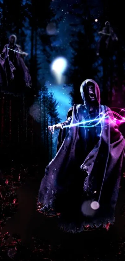 Mystical phantom figures in a dark forest with colorful light effects.