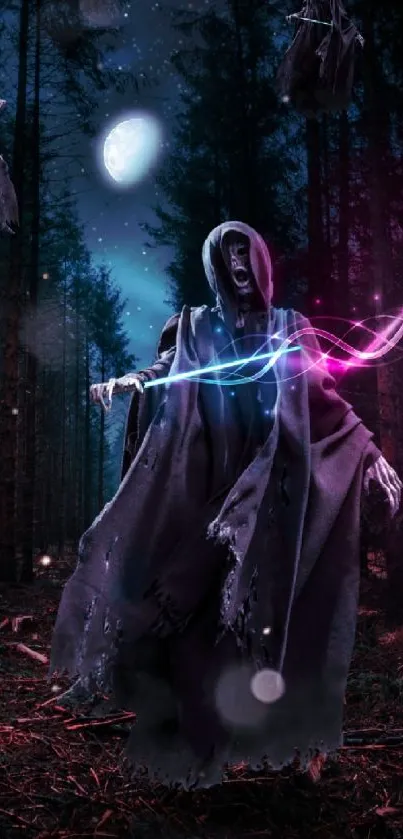 Hooded phantom in a mystical forest with glowing ethereal lights.