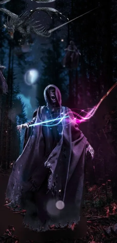 Hooded figure in a mystical forest with light effects.