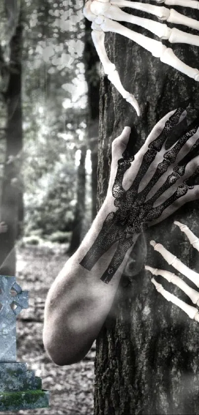 Skeletal hands wrap around a tree in a misty forest scene.