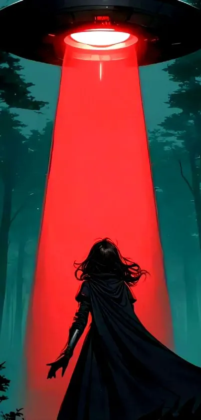 Cloaked figure under red UFO light in dark forest scene.