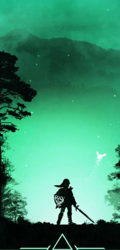 Silhouette of a warrior in a mystical teal forest under a glowing night sky.