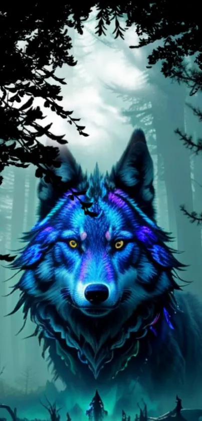 A glowing blue wolf in a mystical forest mobile wallpaper.