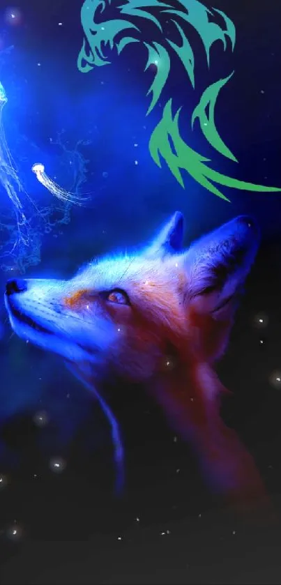 Fox and dragon with glowing jellyfish art wallpaper.