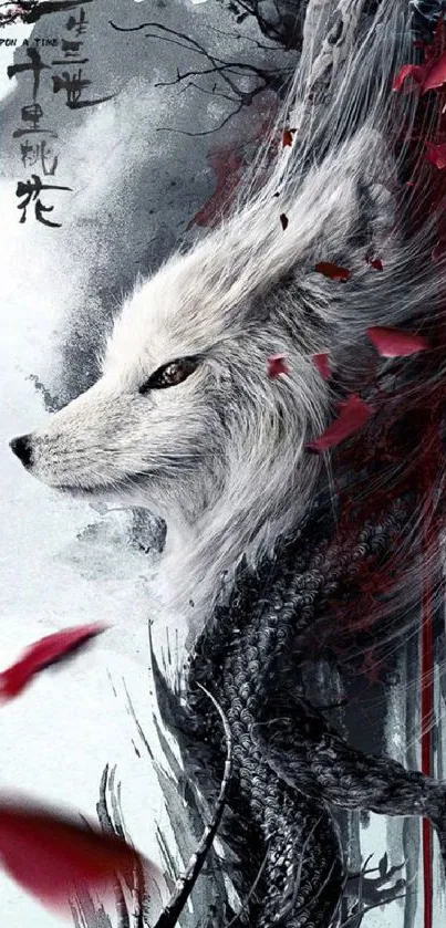 Mystic fox artwork with red leaves and ethereal design.