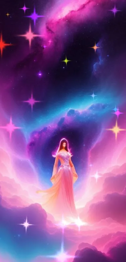 Mystic figure in vibrant pink and purple galaxy clouds.