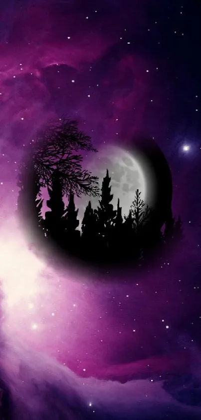 Mystic purple galaxy with moon and forest silhouette wallpaper.