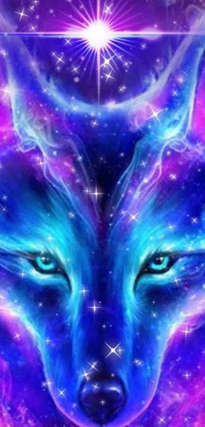 Mystic galaxy wolf with vibrant blue and purple colors and cosmic stars.