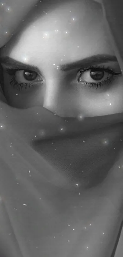 Monochrome image of eyes visible through a veil, exuding mystery.