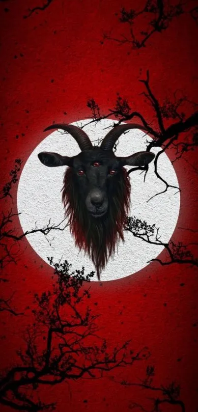 Mystical goat with three eyes on red moonlit background.