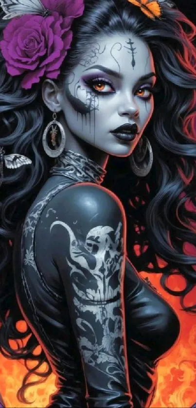 Gothic art wallpaper featuring a mysterious, dark-haired woman with tattoos.