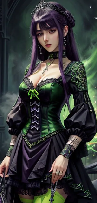 Gothic fantasy wallpaper with a mystic woman in green and black attire.