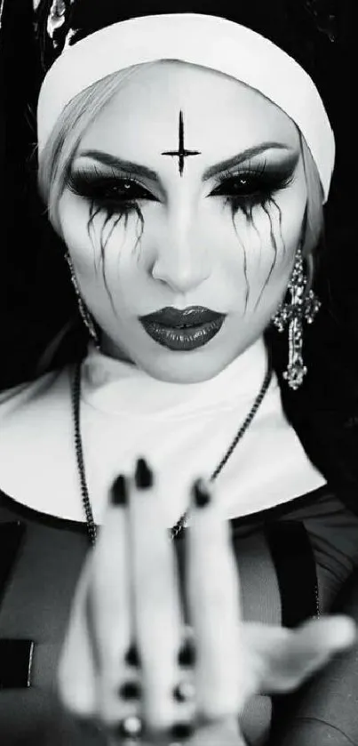 A gothic nun with dramatic makeup in a dark, mysterious monochrome setting.