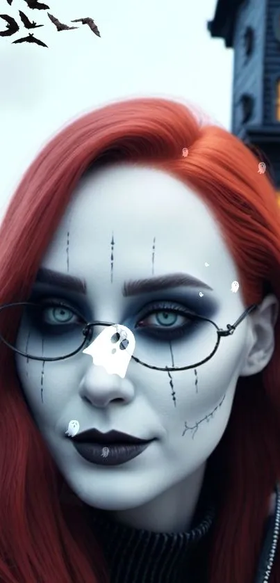 Gothic woman with red hair and glasses in a fantasy setting.