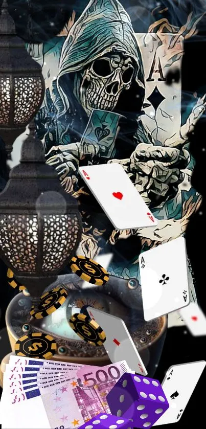 Gothic-themed mobile wallpaper with skull, cards, and lanterns on a black background.