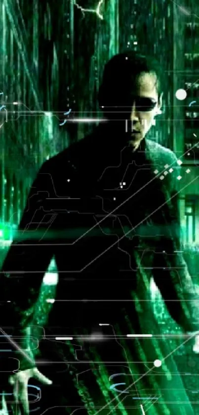 Dark figure in a green digital cityscape, exuding a cyberpunk vibe.